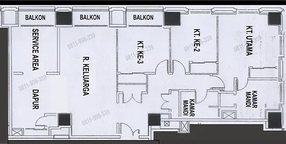 Layout Apartemen Pavilion 3BR dengan denah 3 kamar tidur luas dan fungsional di Jakarta Selatan